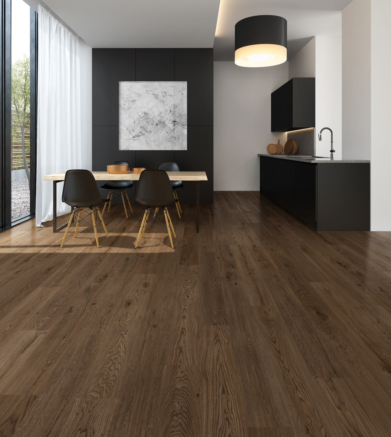 A sleek kitchen with dark EF hard surface flooring